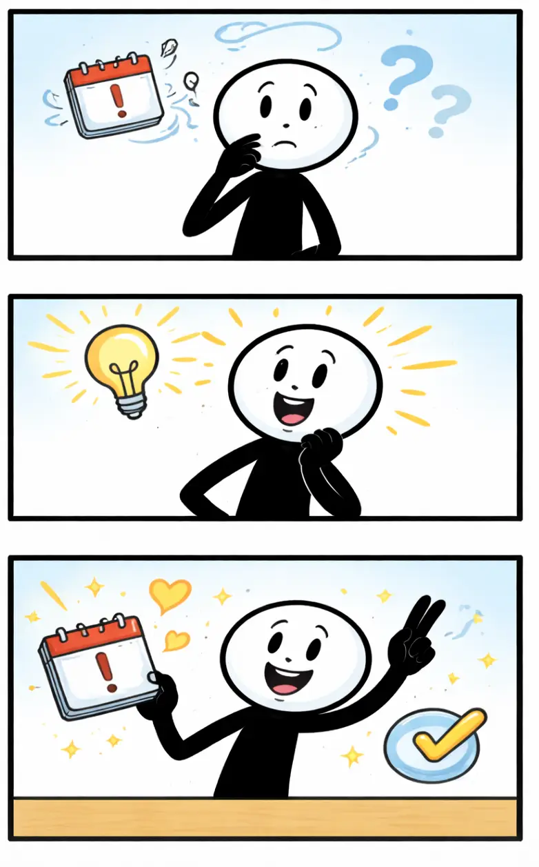 Driepanelige stripafbeelding met stickman-figuurtjes die Beseffen uitbeelden, waarin een moment van inzicht zichtbaar wordt.