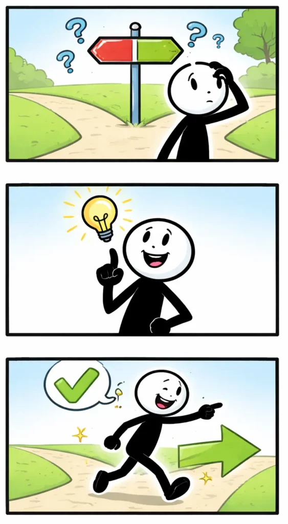 Driepanelige stripafbeelding met een stickman die Beslissen uitbeeldt, van twijfelen bij een splitsing naar het kiezen van één duidelijke richting.