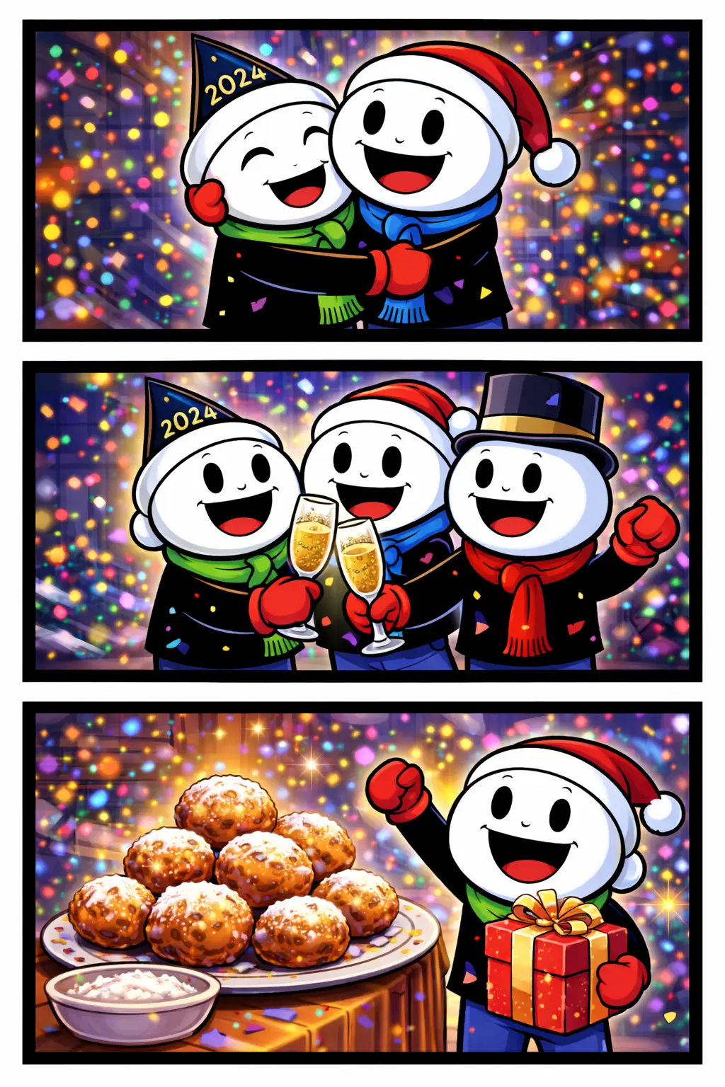 Toonwords-strip met stickman-figuurtjes die Beste wensen uitwisselen met knuffels, proosten en cadeautjes.