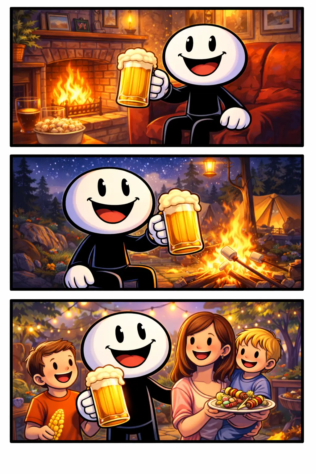 Driepanelige Toonwords-strip met een stickman die een bierpul vasthoudt in verschillende gezellige omgevingen, passend bij het Nederlandse woord “bierpul”.