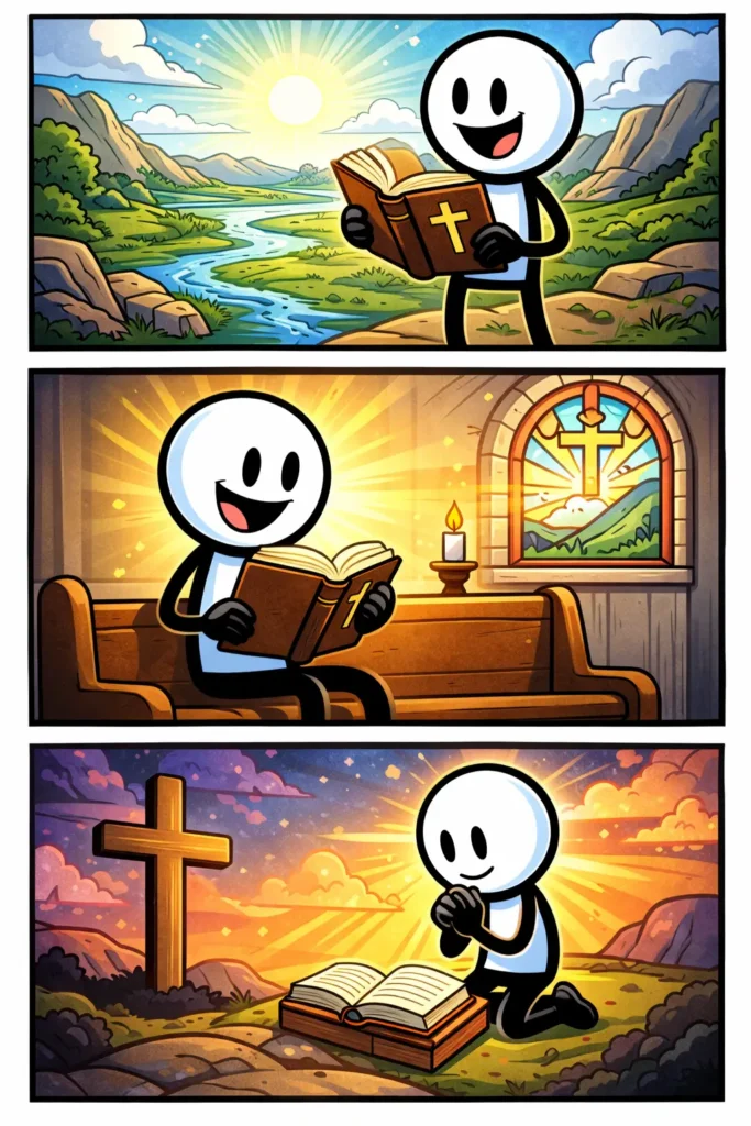 Stripafbeelding van een stickman met de bijbel in de hand en prachtige omgevingen rond geloof. 📖✨