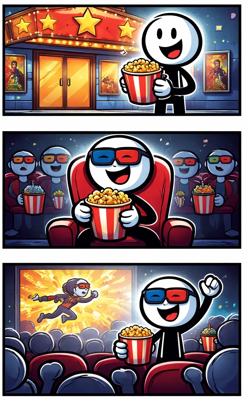 Stripafbeelding in Toonwords-stijl van het woord “bioscoop” met een stickman die voor een groot filmscherm zit.