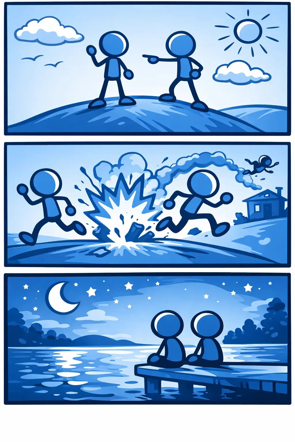 Toonwords-strip met drie panelen waarin stickman-figuurtjes de kleur Blauw uitbeelden zonder tekst.