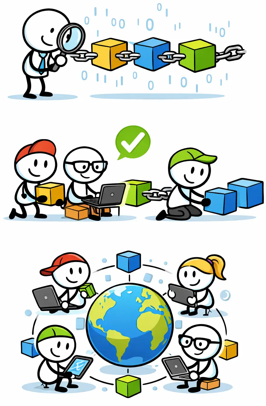 Stripafbeelding van een stickman die blokken aan een digitale ketting koppelt; het Nederlandse woord “blockchain” staat centraal.