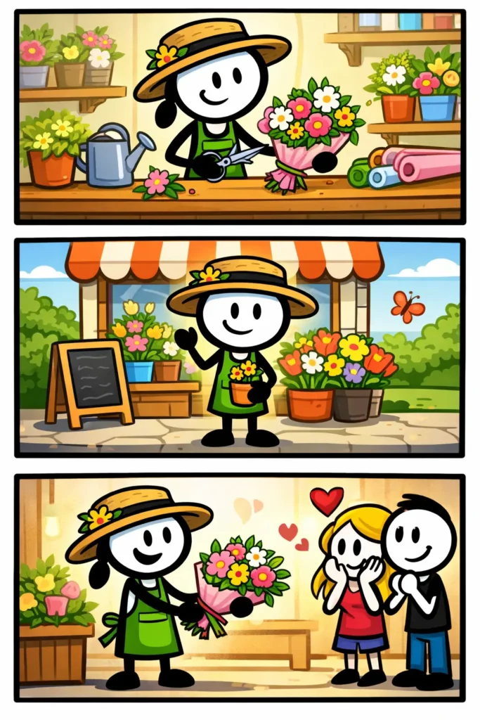 Stickman-illustratie in Toonwords-stijl van een bloemist met bloemen en boeketten, passend bij het woord bloemist.