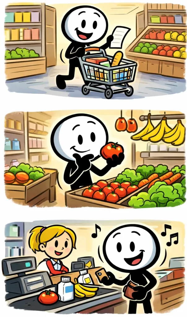 Stripafbeelding in Toonwords-stijl van een stickman die boodschappen doet in de supermarkt, passend bij het Nederlandse woord boodschappen.