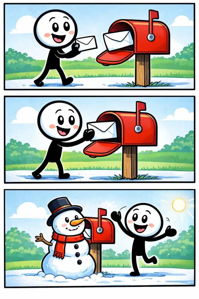 Stickman in Toonwords-stijl bij een brievenbus waar post wordt bezorgd, met het Nederlandse woord brievenbus.