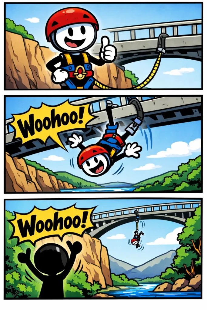 Drie-panelen stripafbeelding in Toonwords-stijl met stickman-figuurtjes die bungeejumpen laten zien, passend bij het Nederlandse woord Bungeejumpen.