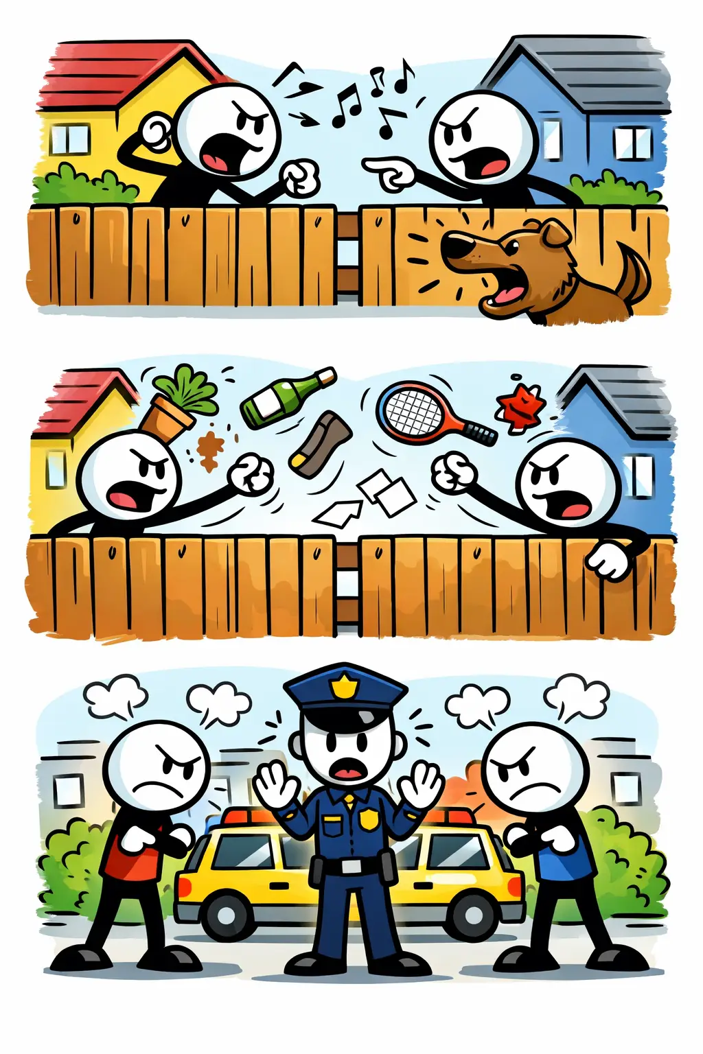 Stripafbeelding in Toonwords-stijl van een burenruzie tussen twee stickman-buren, passend bij het Nederlandse woord burenruzie.