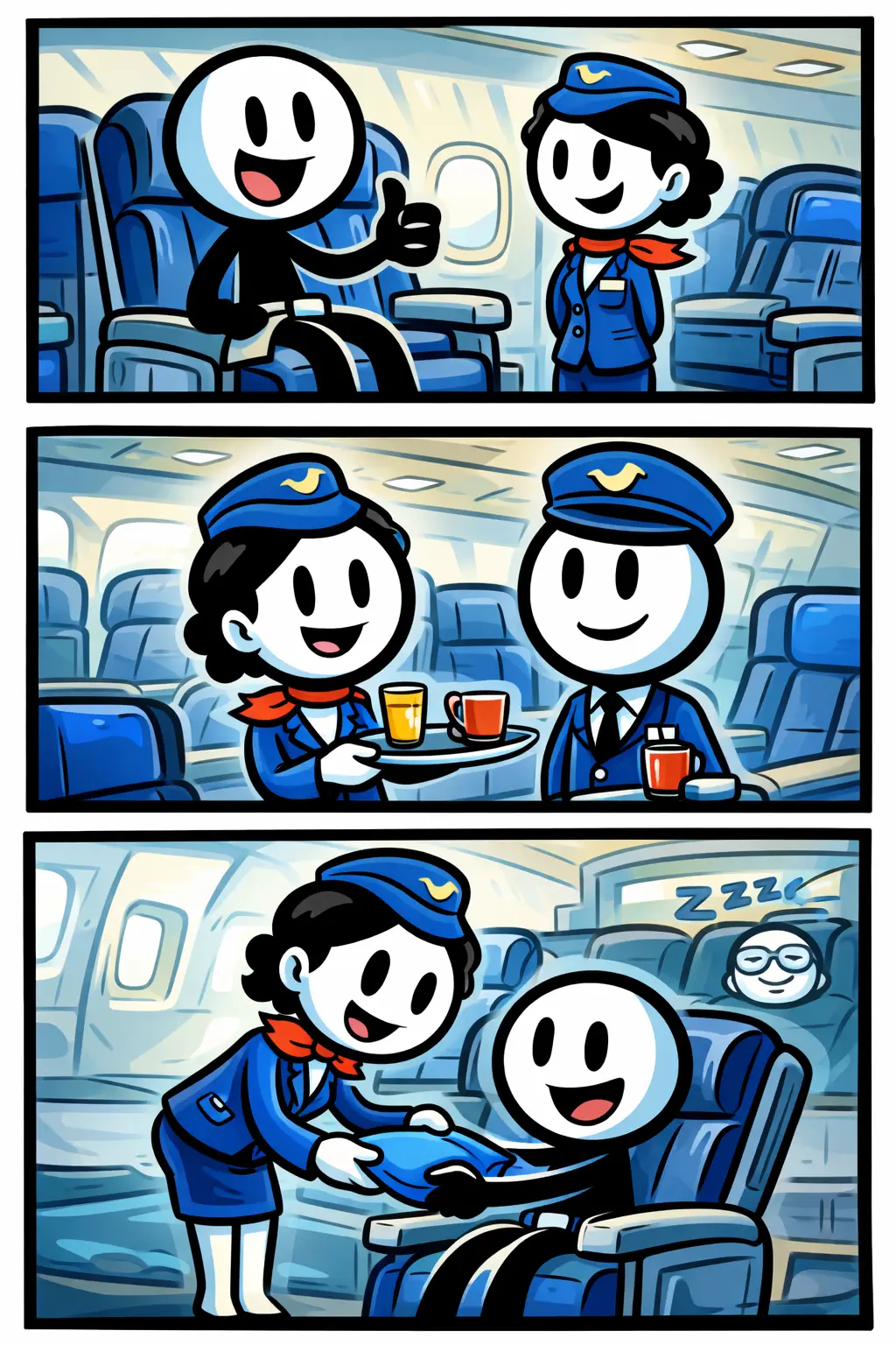 Stripafbeelding van een stickman in Toonwords-stijl met het Nederlandse woord ‘cabinepersoneel’ als thema.