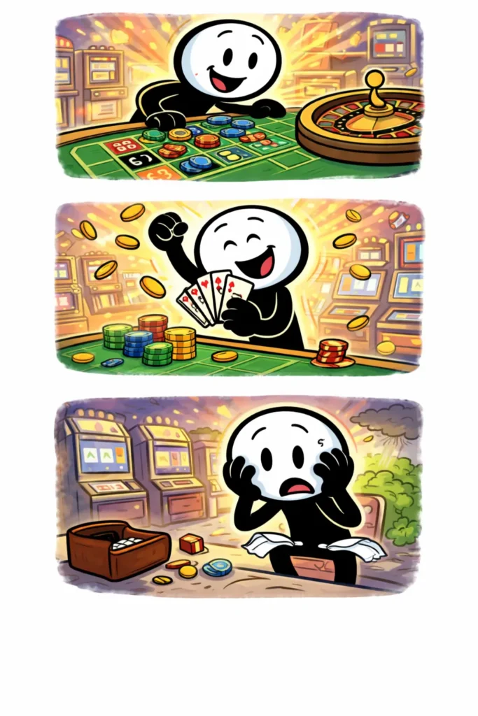Stripafbeelding in Toonwords-stijl van een stickman die in een casino speelt, wint en uiteindelijk met lege zakken eindigt, passend bij het Nederlandse woord casino.