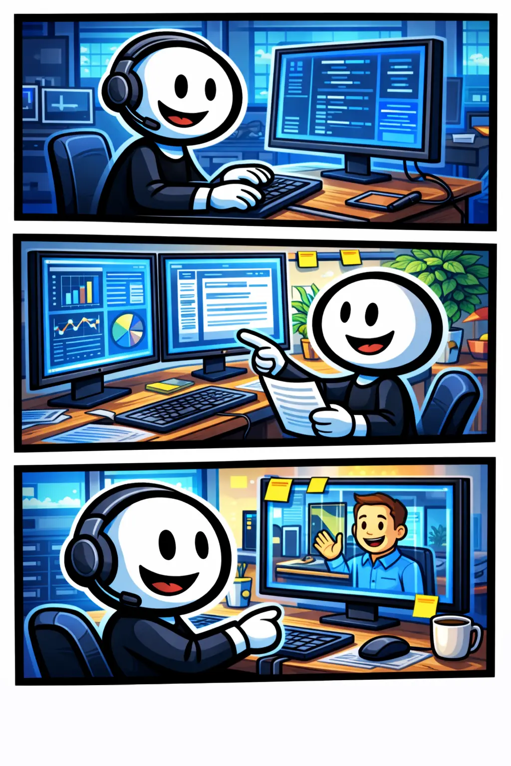 Stickman in Toonwords-stijl werkt als computermedewerker achter een bureau met beeldschermen en toetsenbord, zonder tekst, met het Nederlandse woord Computermedewerker als onderwerp.