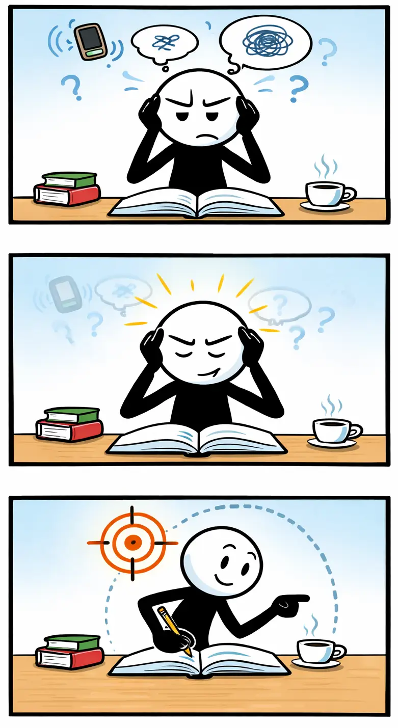 Driepanelige stripafbeelding met een stickman die Concentreren uitbeeldt, terwijl afleiding verdwijnt en de aandacht scherp wordt.