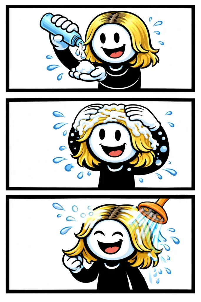 Toonwords-stripafbeelding met een stickman die conditioner in het haar aanbrengt na het wassen.