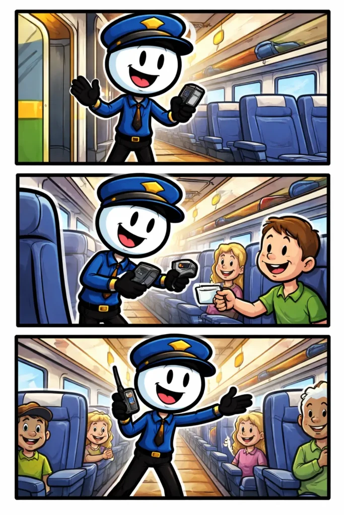 Stripafbeelding van een stickman in Toonwords-stijl die als conducteur bezig is in de trein, verdeeld over drie kleurrijke panelen onder elkaar.