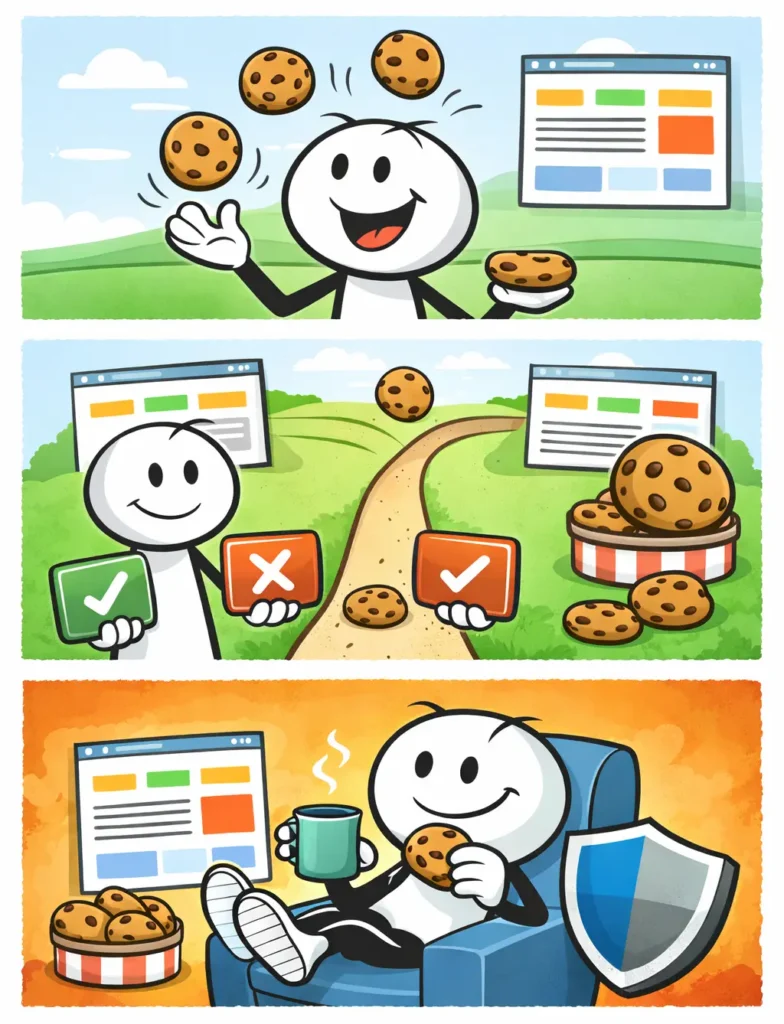 Cookiebeleid in toonwords-strip uitgelegd.