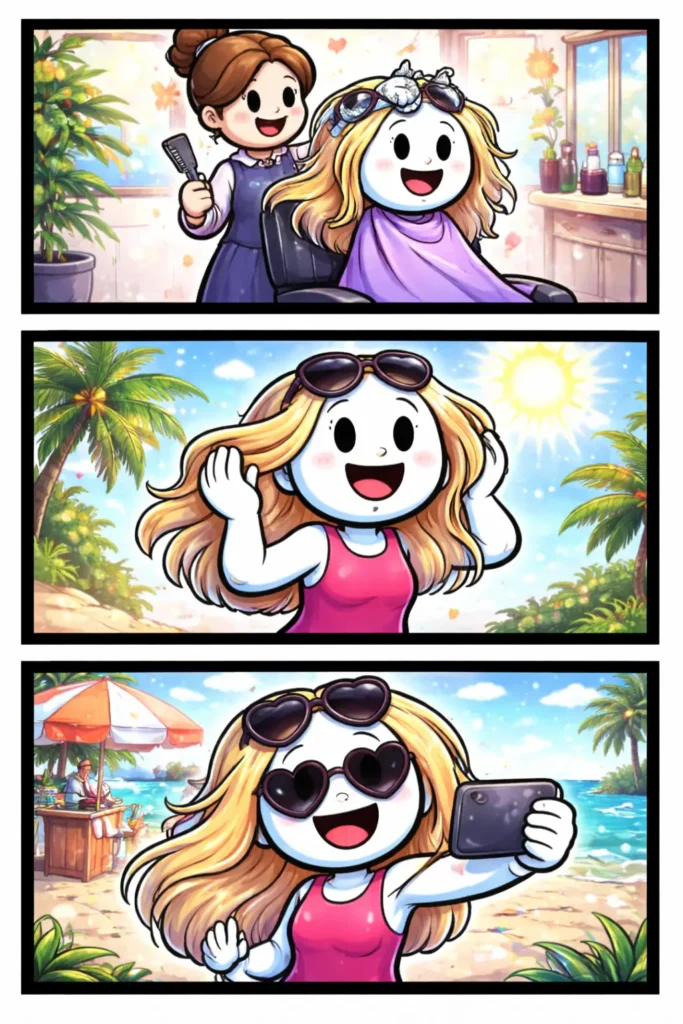 Toonwords-stripafbeelding met stickman-figuurtjes met coupe soleil, waarbij blonde plukken in het haar zichtbaar zijn.