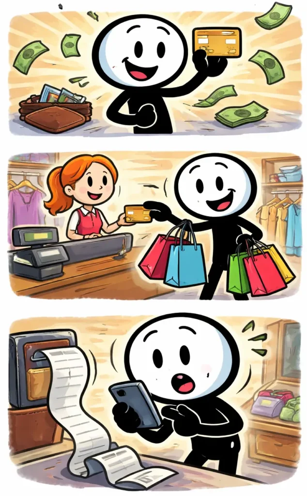 Stripafbeelding in Toonwords-stijl van een stickman die een creditcard gebruikt bij verschillende betaalmomenten, passend bij het Nederlandse woord creditcard.