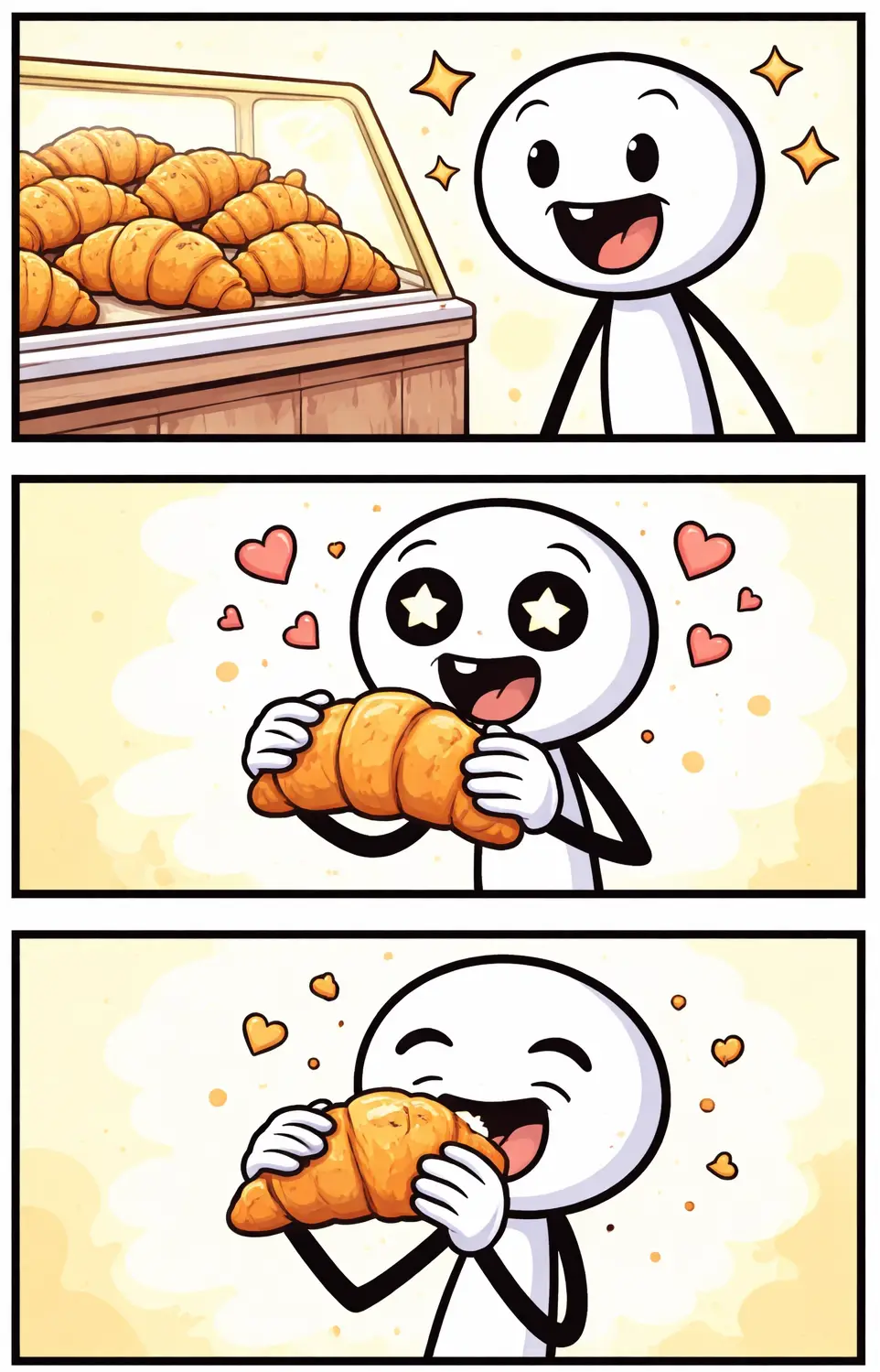 Stripafbeelding in Toonwords-stijl van een stickman die een croissant ontdekt, vasthoudt en oppeuzelt.