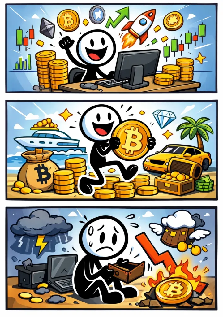 Stripafbeelding van een blije stickman die met crypto bezig is; het Nederlandse woord “crypto” staat centraal.