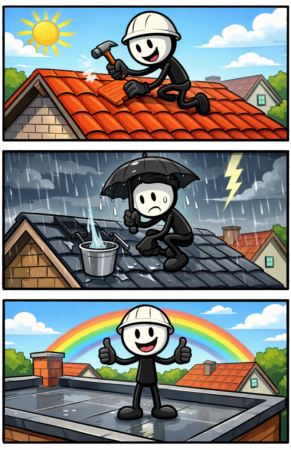 Strip van een Toonwords-stickman over het woord “dak” in drie panelen onder elkaar, in kleur en zonder tekst.