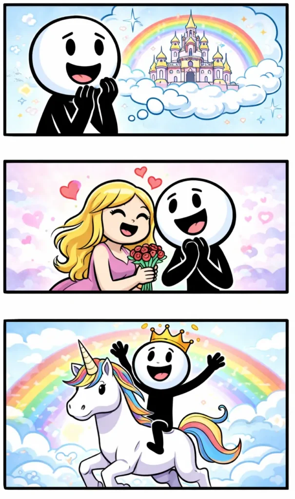 Drie-panelen stripafbeelding in Toonwords-stijl met een stickman die delulu verbeeldt.