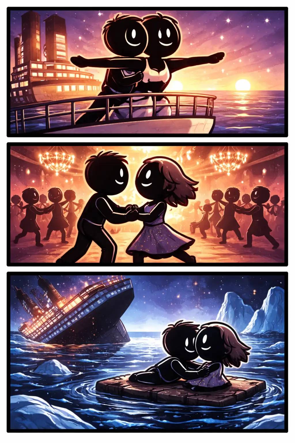 Toonwords-strip met stickman-figuurtjes in het verhaal Didanic op een groot schip met romantische scènes en een dramatisch moment op zee.