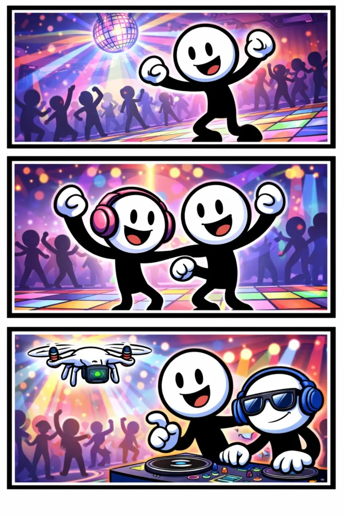 Driepanelige stripafbeelding in Toonwords-stijl met een stickman die danst in een disco met licht en muziek, in kleur, zonder tekst, bij het woord Disco.