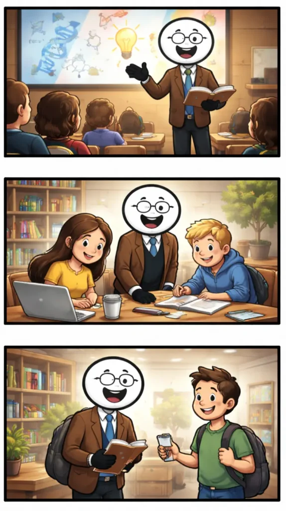 Drie-panelen stripafbeelding in Toonwords-stijl met een stickman die een docent voorstelt tijdens het geven van les, passend bij het Nederlandse woord Docent.