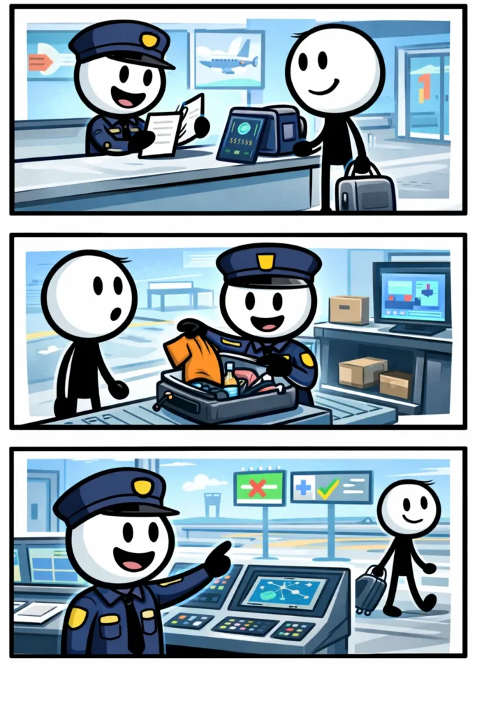 Stripafbeelding met drie panelen van stickman-figuurtjes bij een grenscontrole in Toonwords-stijl, met het Nederlandse woord “Douanebeambte” als onderwerp.