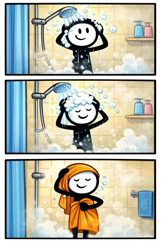 Toonwords-stickman die vrolijk staat te douchen in een badkamer, drie panelen zonder tekst, het woord “Douchen” verbeeld.