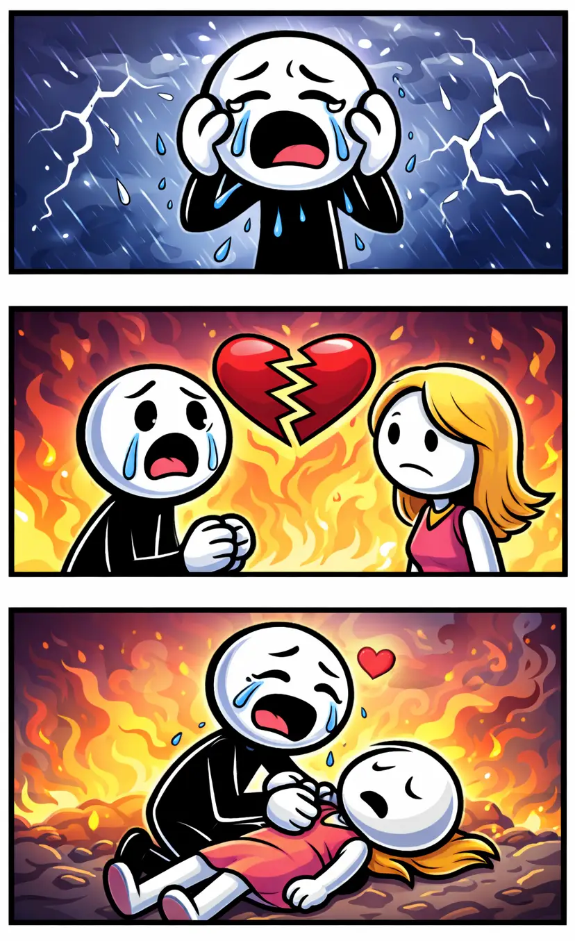 Stripafbeelding in Toonwords-stijl van het woord “drama” met een stickman in een scène vol emotie en spanning.