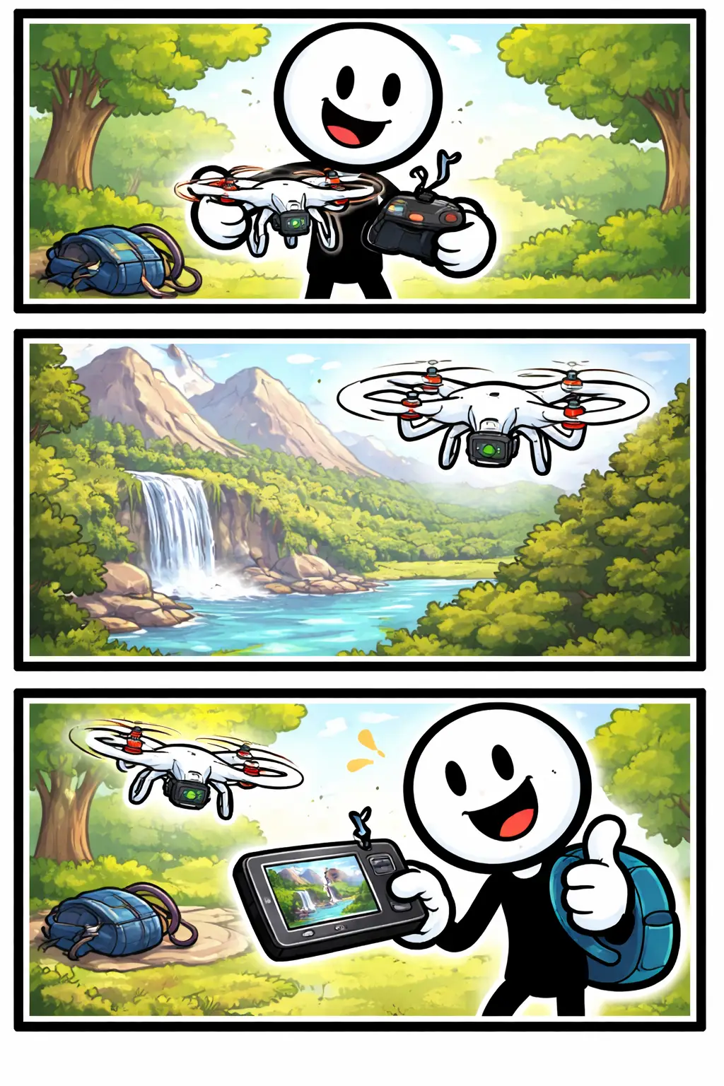 Driepanelige stripafbeelding in Toonwords-stijl met een stickman en een drone die door de lucht vliegt, in kleur, zonder tekst, bij het woord Drone.