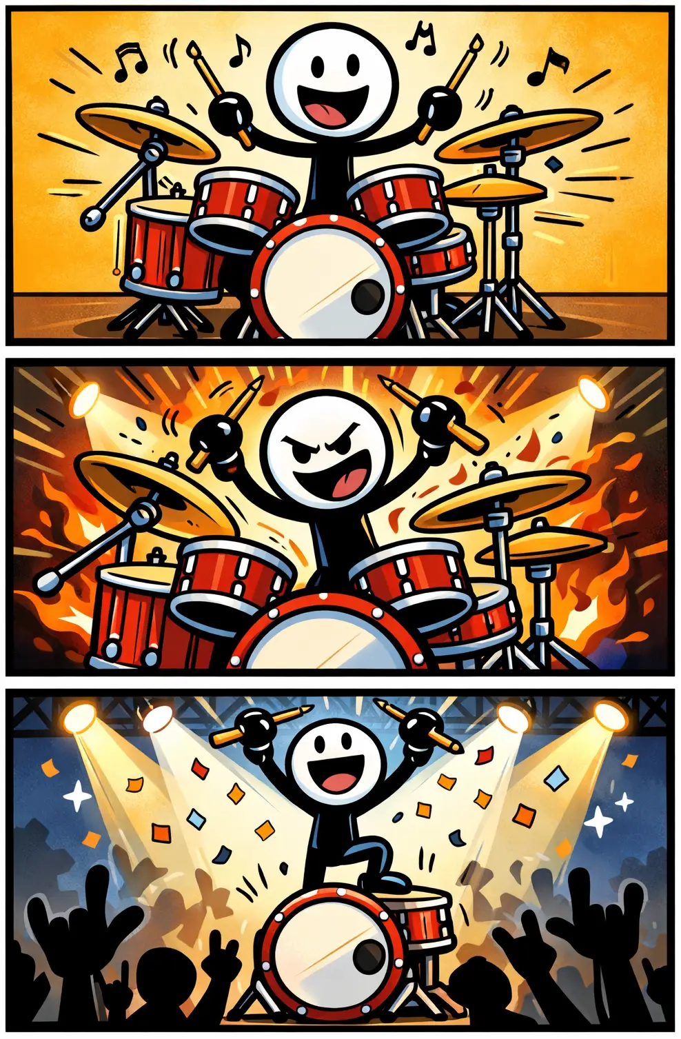 Stripafbeelding van een drummer in Toonwords-stijl, met een stickman die enthousiast drums speelt in drie panelen onder elkaar.