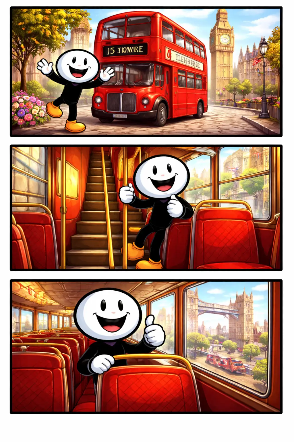 Driepanelige Toonwords-strip met een stickman die bij en in een rode Londense dubbeldekkerbus staat, passend bij het Nederlandse woord “dubbeldekker”.