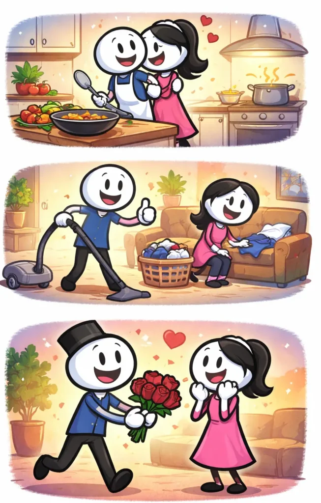 Stripafbeelding in Toonwords-stijl van het woord “echtgenoot”, met een stickman die verschillende momenten van met Monique en hun partnerschap en liefde uitbeeldt.