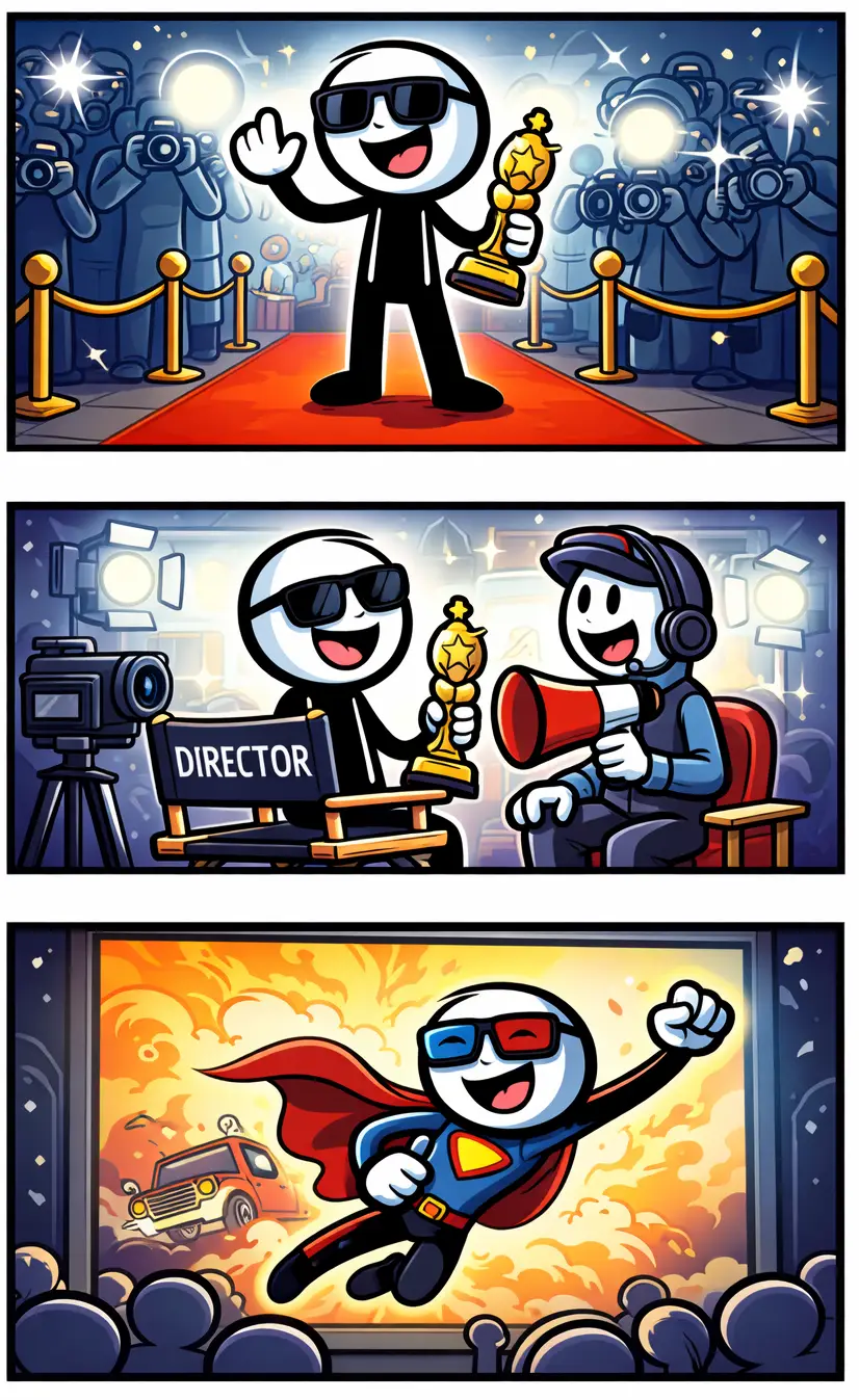 Stripafbeelding in Toonwords-stijl van het woord “filmster” met een stickman op een rode loper en felle camera-flitsen.