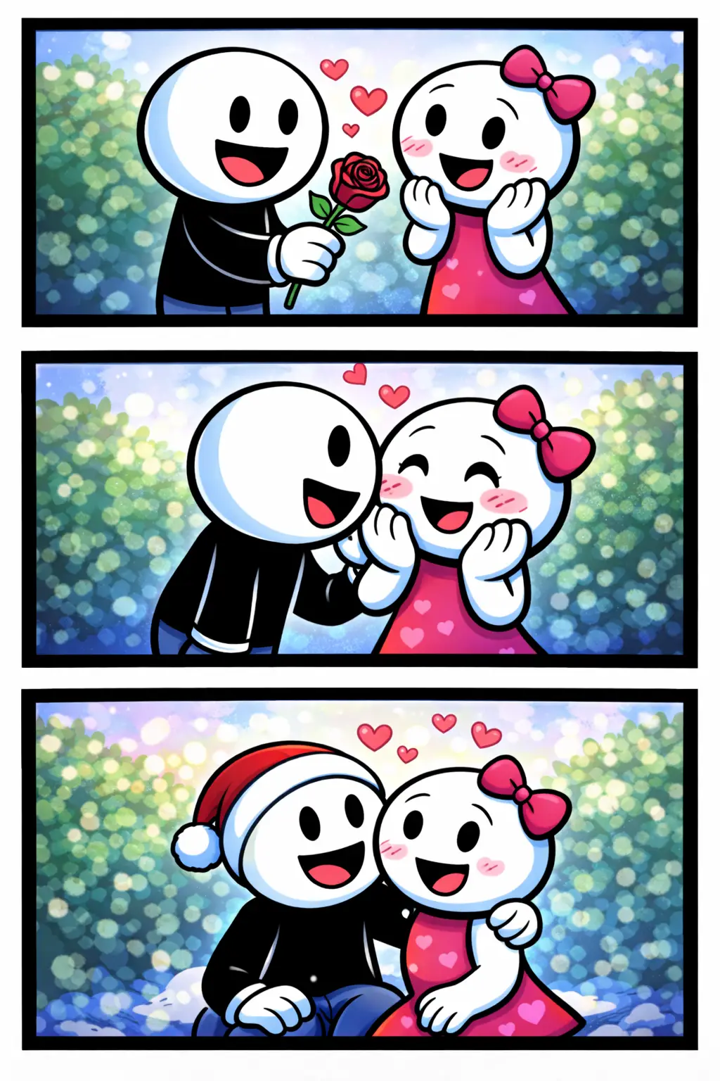 Toonwords-stripafbeelding met stickman-figuurtjes die aan het flirten zijn met glimlachen en hartjes.