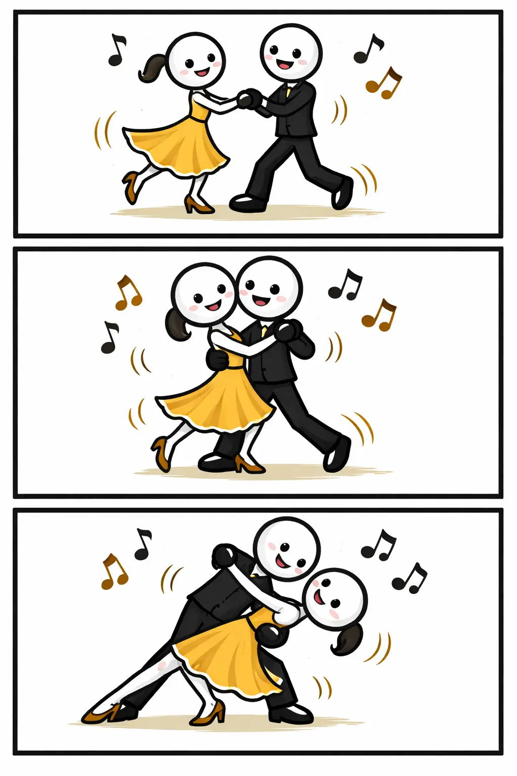 Stripafbeelding met drie panelen van stickman-figuurtjes die de dans Foxtrot uitvoeren.