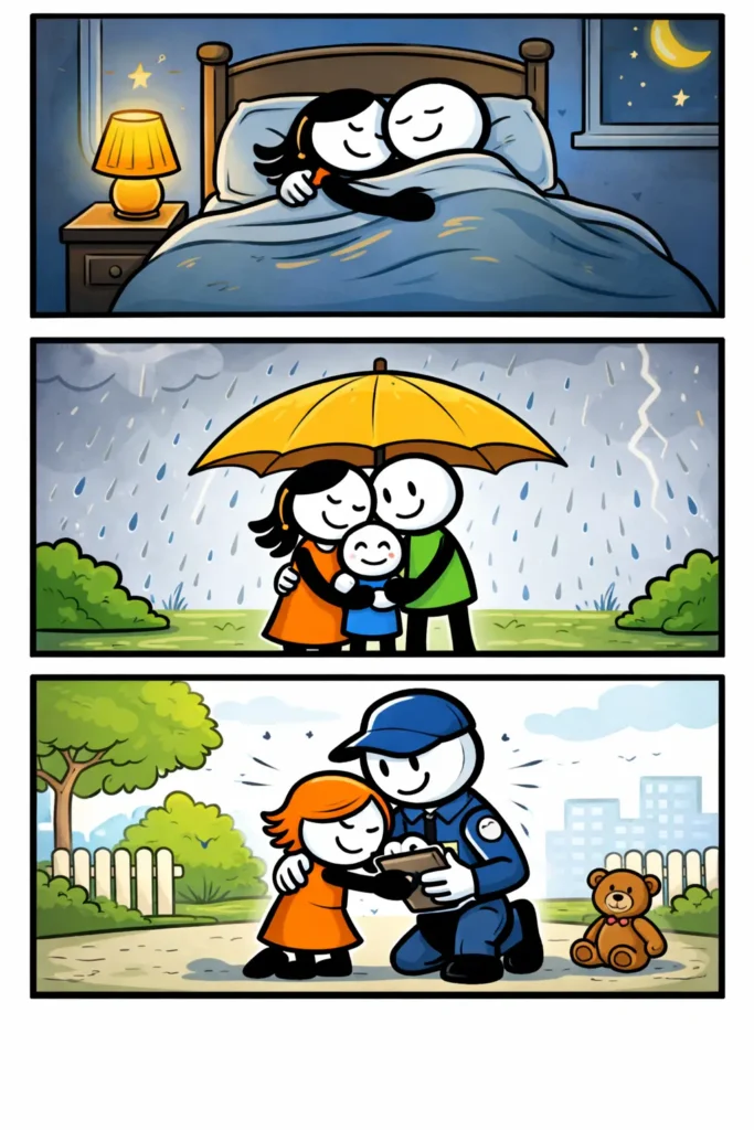 Stickman-strip in drie panelen over Geborgenheid, waarin figuurtjes samen rust, warmte en bescherming ervaren zonder tekst.