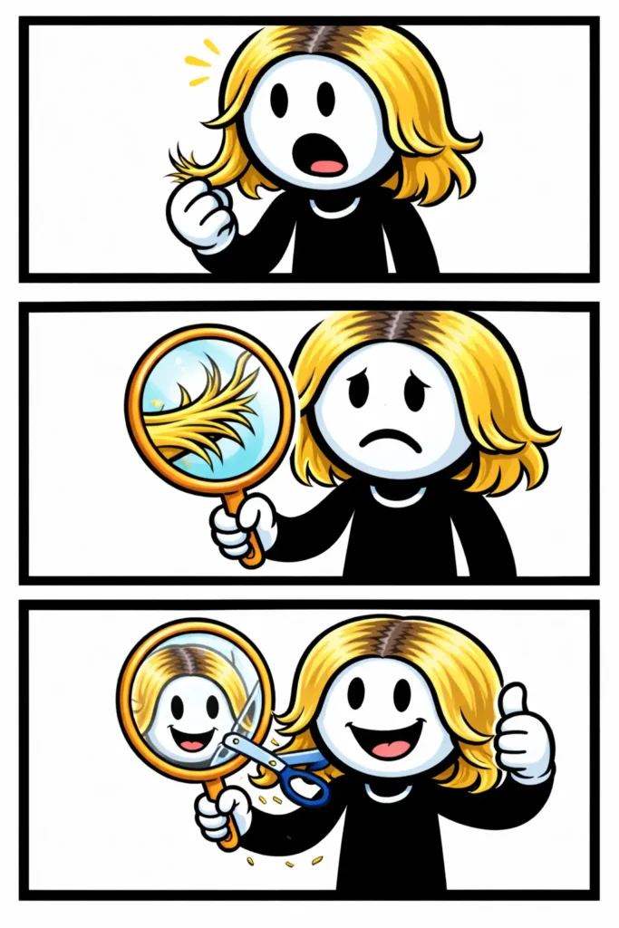 Toonwords-stripafbeelding met een stickman die gespleten punten in het haar bekijkt en laat zien.
