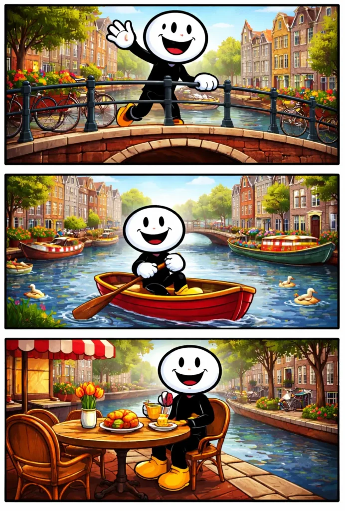 Driepanelige Toonwords-strip met een stickman die langs en op de grachten van Amsterdam beweegt, passend bij het Nederlandse woord “grachten”.