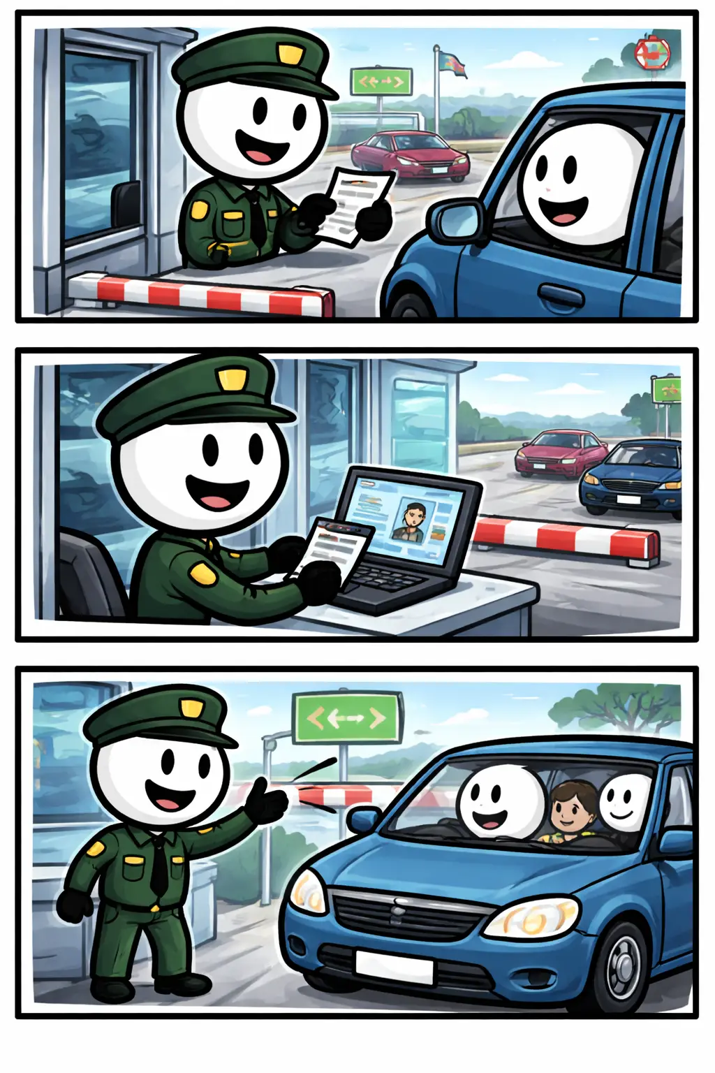 Stripafbeelding met drie panelen van stickman-figuurtjes bij een grensovergang in Toonwords-stijl, met het Nederlandse woord “Grensbewaker” als onderwerp.