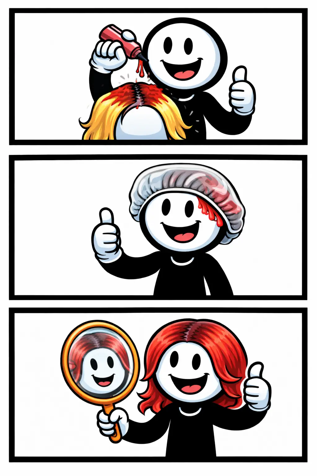 Toonwords-stripafbeelding met een stickman die haarverf aanbrengt en een nieuwe haarkleur laat zien.