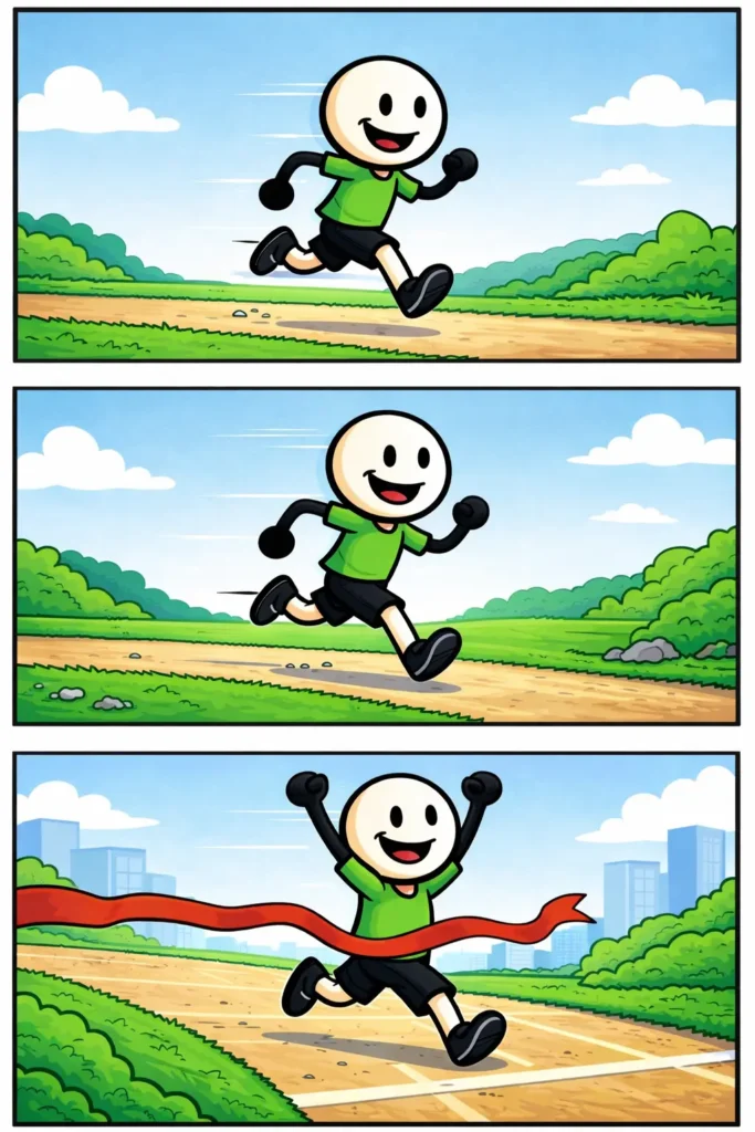 Drie-panelen stripafbeelding in Toonwords-stijl van een stickman die aan het hardlopen is, met het woord hardlopen als centraal thema.