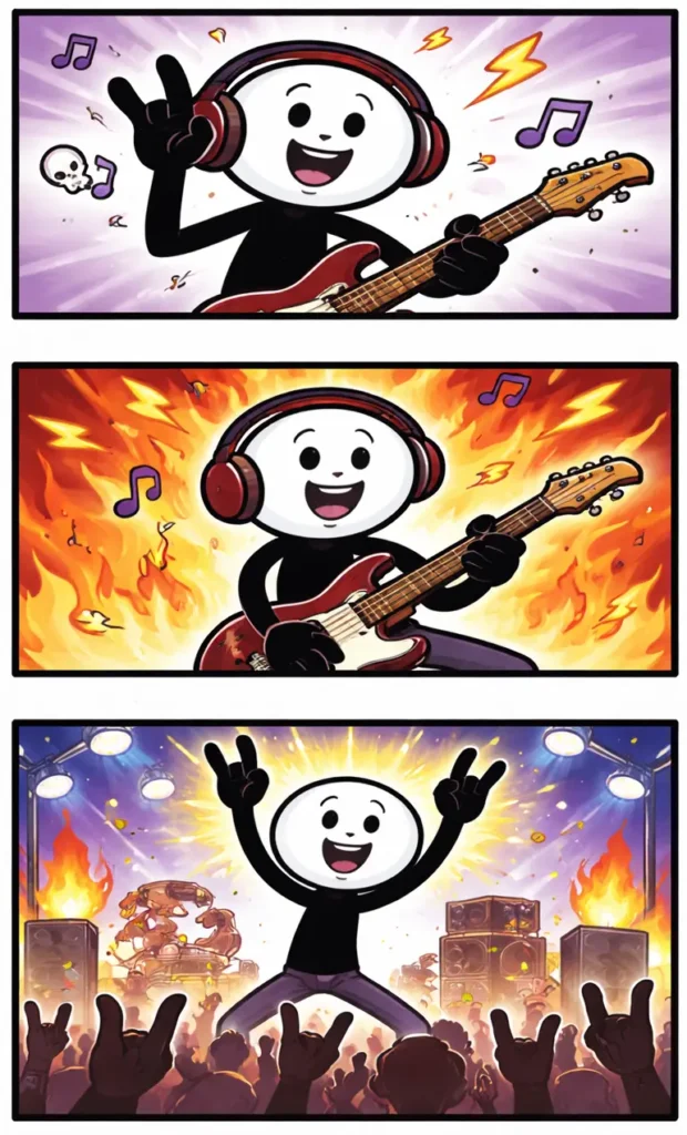 Driepanelige stripafbeelding met stickman-figuurtjes die Hardrock uitbeelden, spelend op harde gitaren met veel energie.