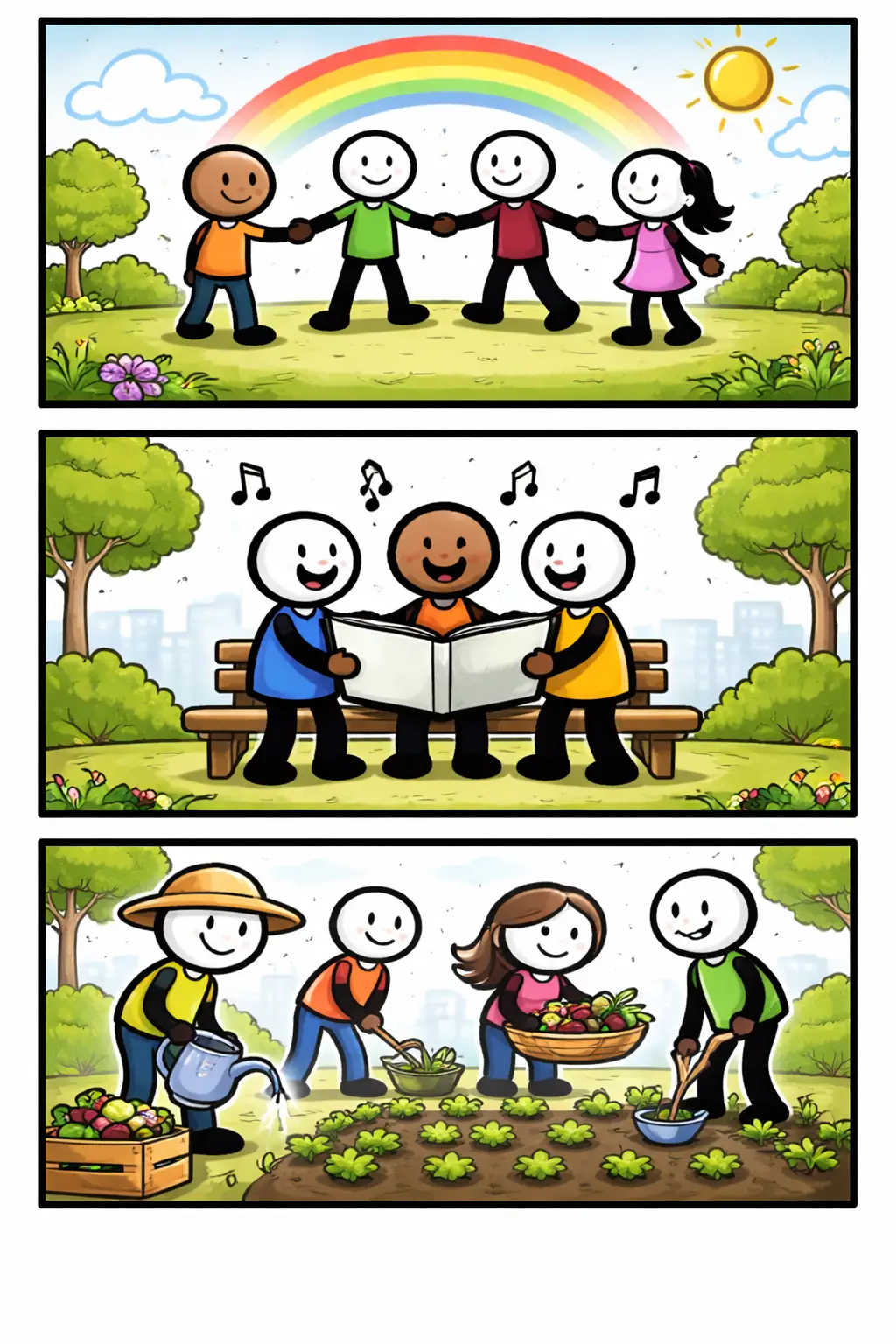 Stickman-strip in drie panelen over Harmonie, waarin figuurtjes samen bewegen, samenwerken en in balans zijn zonder tekst.