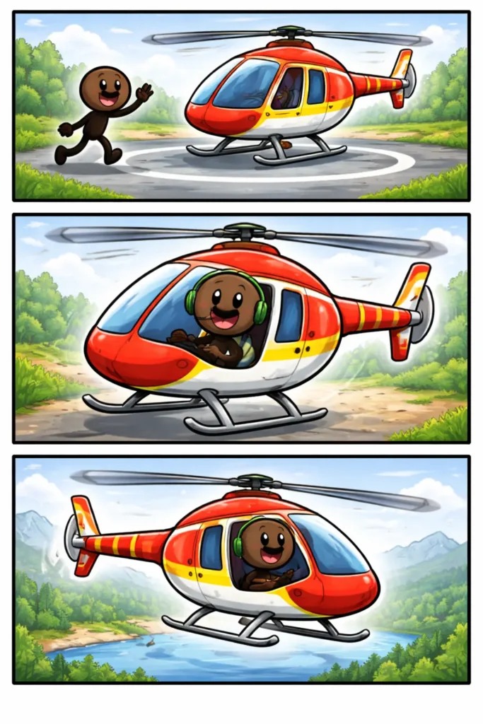 Drieluik met een stickman in Toonwords-stijl die in een helikopter vliegt, met draaiende rotorbladen boven de Helikopter.