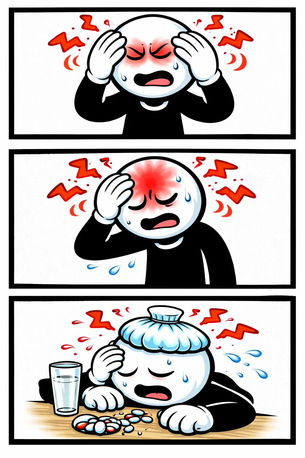 Toonwords-stripafbeelding met een stickman die hoofdpijn heeft en zijn hoofd vasthoudt.