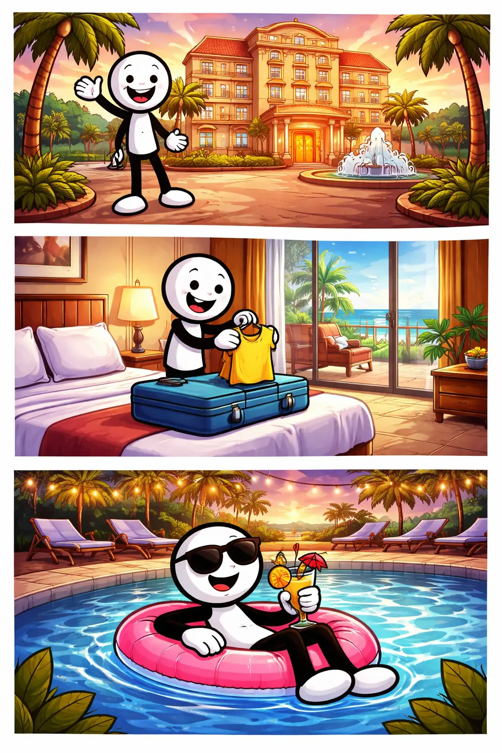 Stripafbeelding van een stickman die aankomt bij een hotel, zijn koffer uitpakt en ontspant bij het zwembad – Toonword hotel.